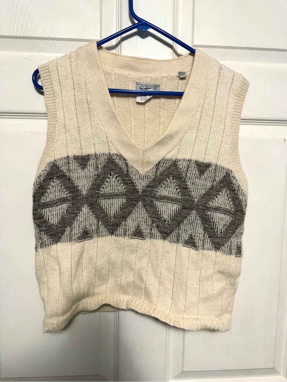 Esprit Cream V-Neck Knit Vest with Gray Geometric Stripe